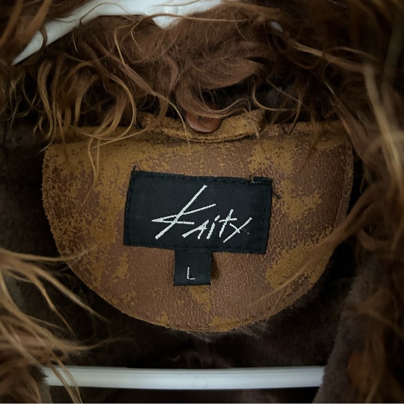 Kaity Brown Faux Fur Collar Vegan Leather Patchwork Coat Sz L Penny Lane Jacket - Picture 10 of 11